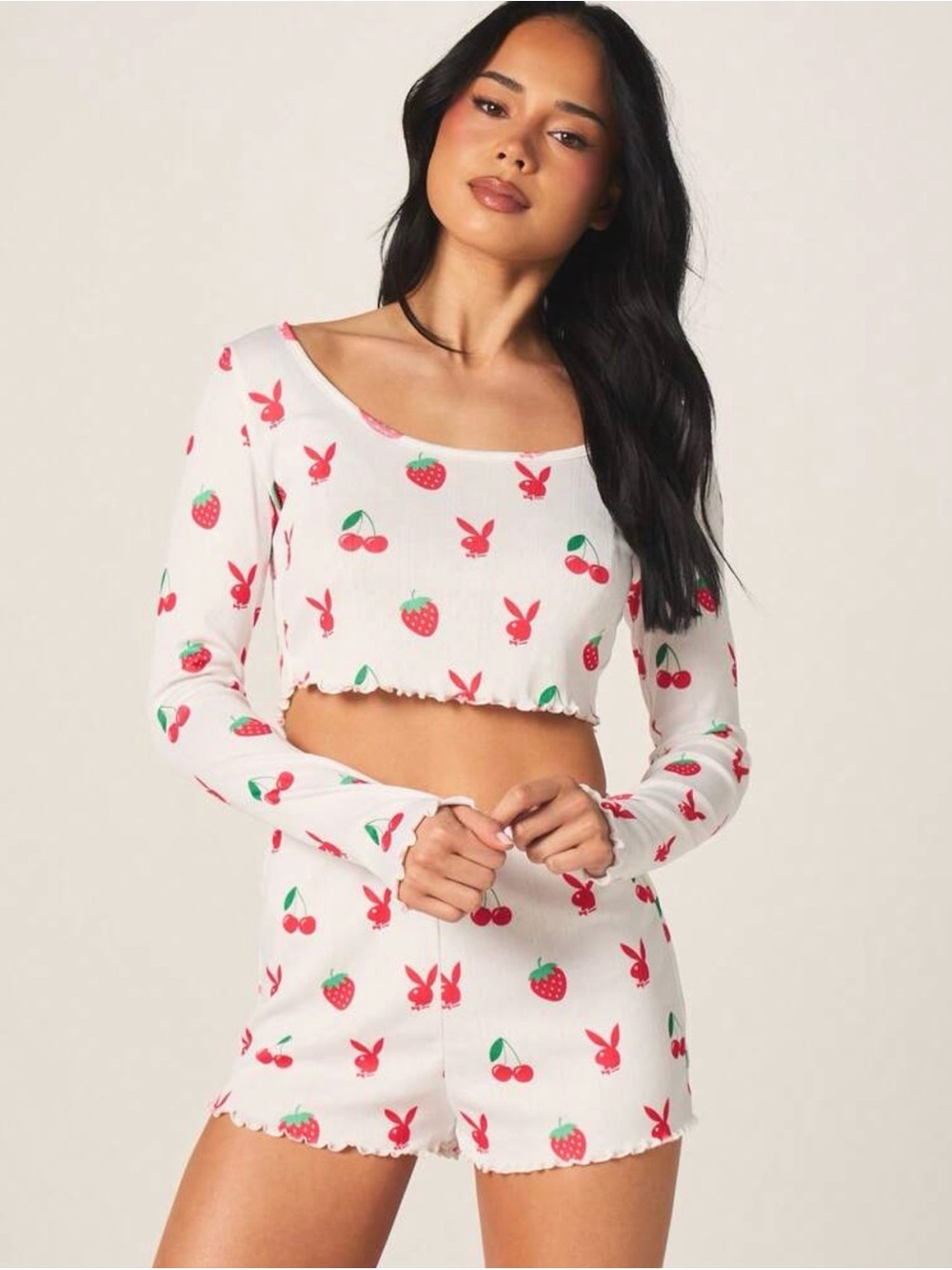 PLAYBOY White Long-Sleeve Cropped Top with Red Fruit & Bunny Print